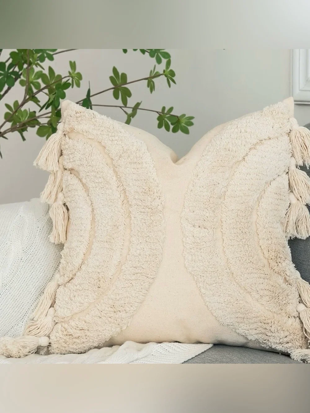 Beautiful Half Moon Accent Boho Tufted Decorative Throw Pillow Cover, bone color